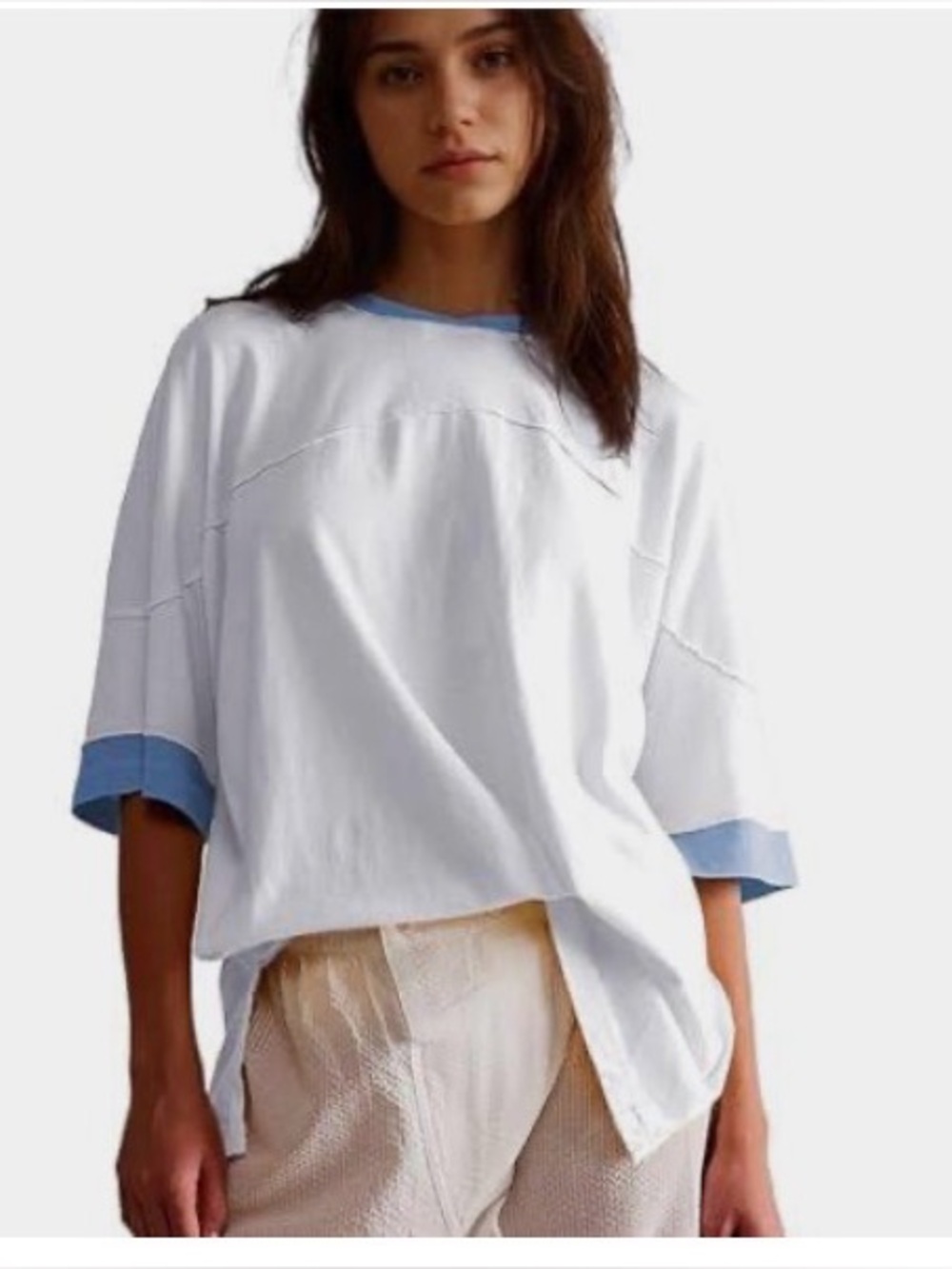 Unbranded White Oversized Ringer Tee Blue Trim Size M GUC